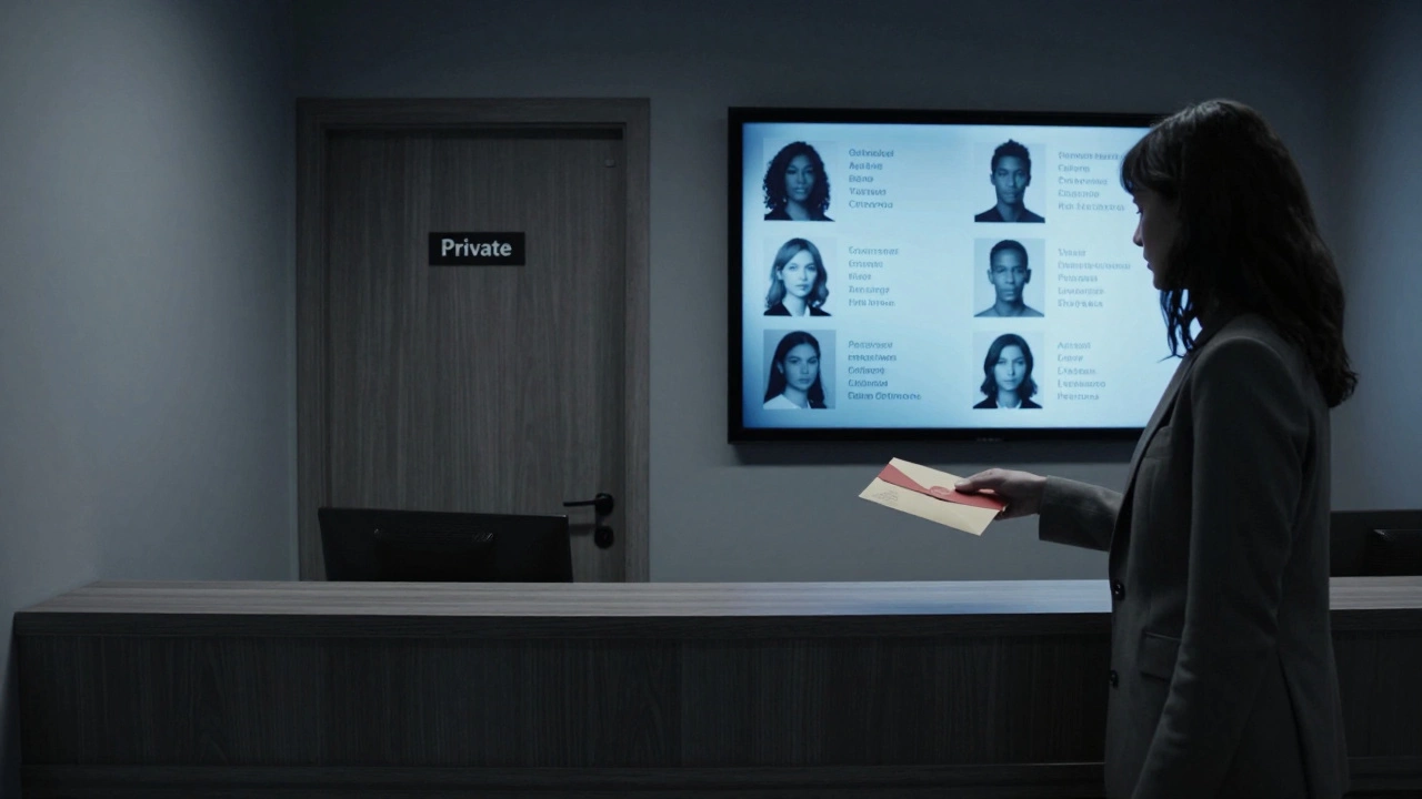 A discreet Monaco companionship agency office with muted lighting and no visible faces.