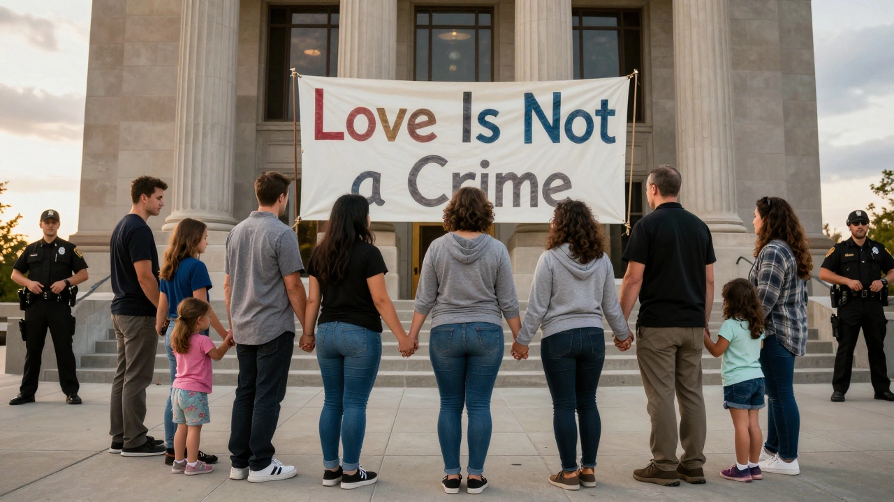 A group of polyamorous families embracing outside a courthouse, children beside them, quiet solidarity.