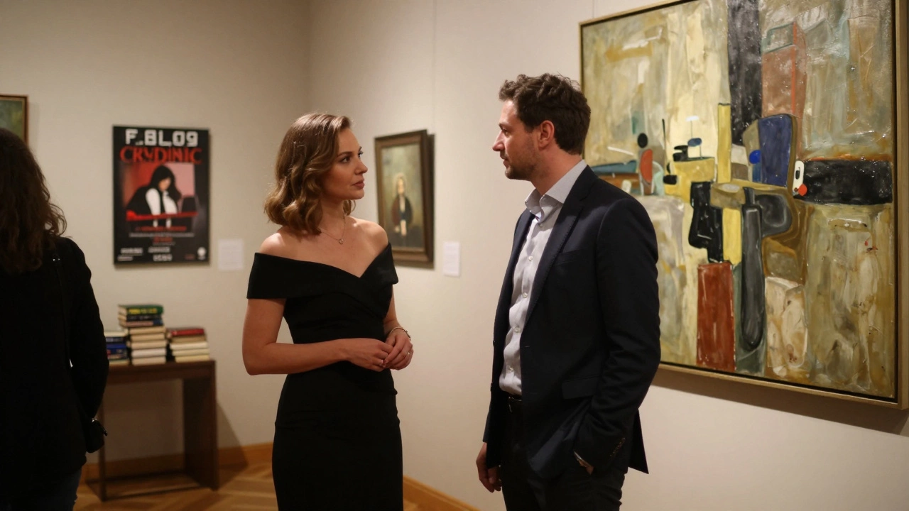 A Russian companion in a black gown converses thoughtfully with a man at a Moscow art gallery opening.