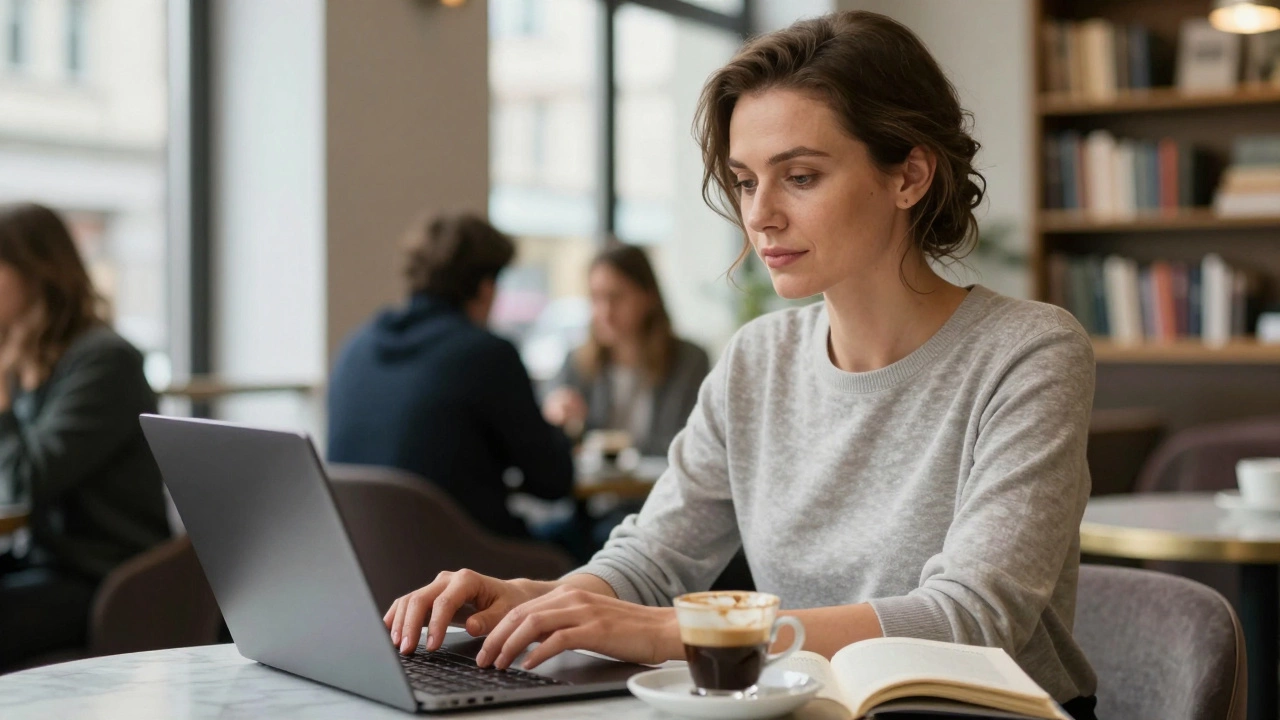 A Russian woman in a café in Zurich reads Dostoevsky while working on a laptop, bathed in soft morning light.