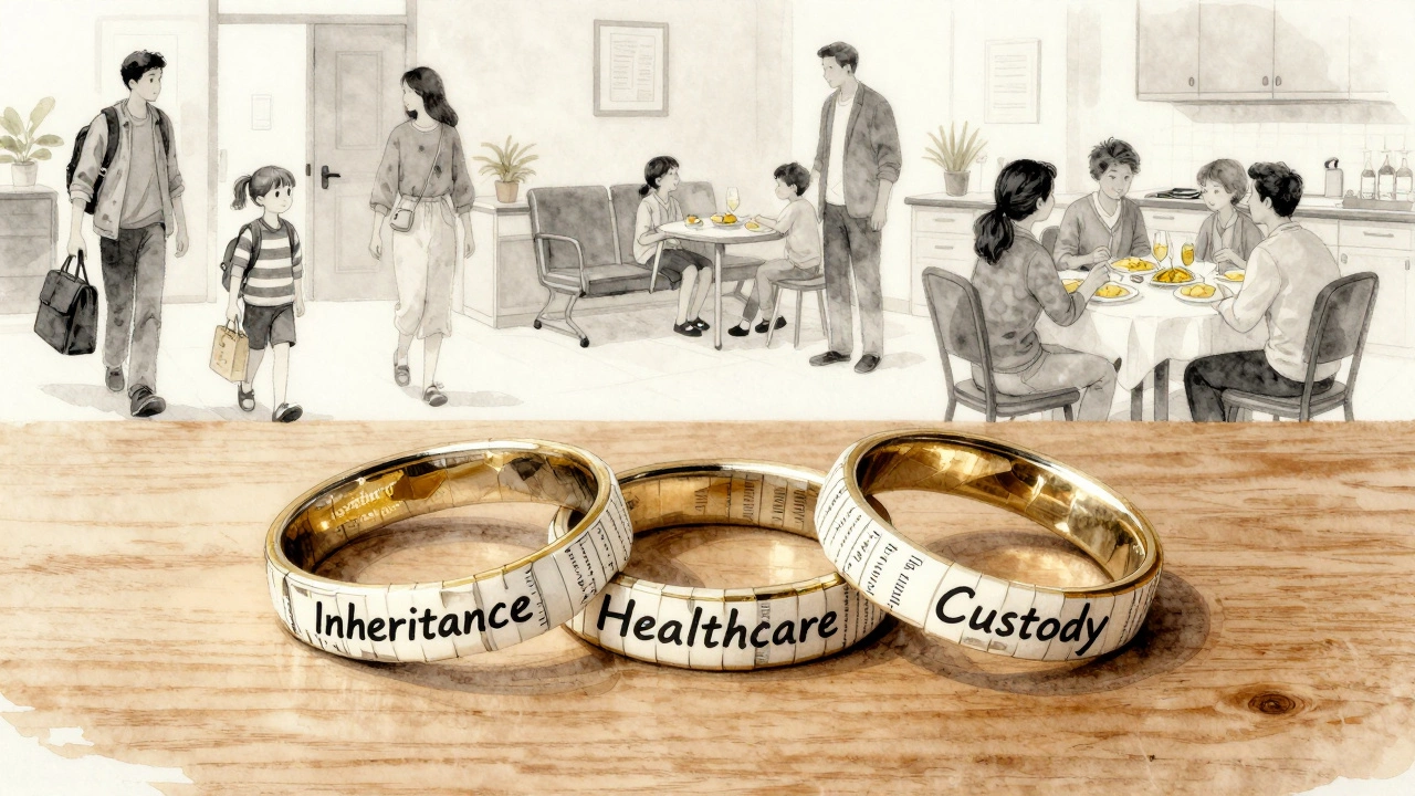 Three woven legal rings symbolizing inheritance, healthcare, and custody, with blurred family scenes in background.