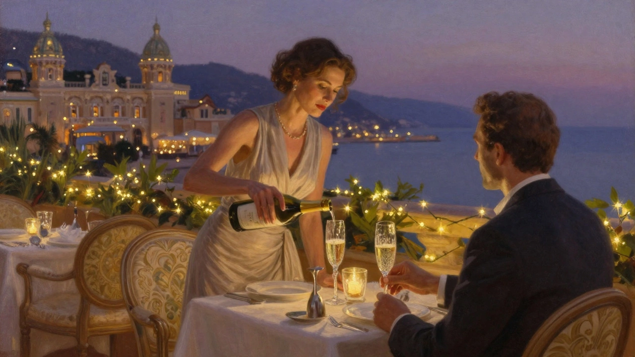 Two people sharing champagne on a private Monte Carlo terrace at twilight.